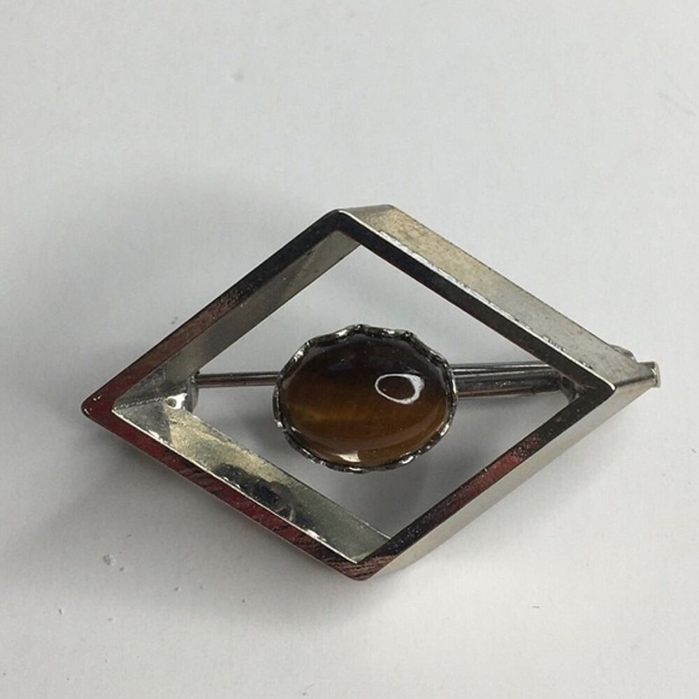 Tiger’s Eye Brooch Pin Geometric Silver‎ Tone Acadamia 1970’s Vintage